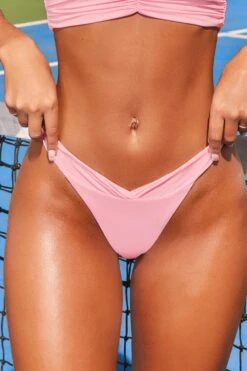 V-Shaped Thong Bikini Bottoms In Pink -Swimming Gear Shop 2496 7 beach club pink ruched high waisted two piece swimwear bikini 1