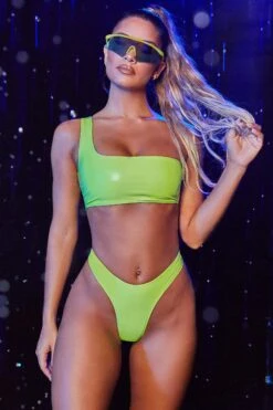 Vinyl One Shoulder Asymmetrical Bikini Top In Lime -Swimming Gear Shop 2504 2 escape reality lime one shoulder strap vinyl high rise bikini