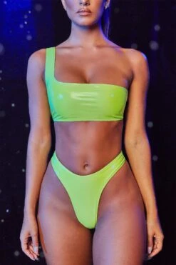 Vinyl One Shoulder Asymmetrical Bikini Top In Lime -Swimming Gear Shop 2504 3 escape reality lime one shoulder strap vinyl high rise bikini