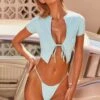 Tie Front T-Shirt Bikini Top In Turquoise -Swimming Gear Shop 3419 1 shining waters turquoise ribbed tie front tee thong bikini set 4