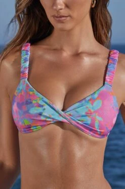 Twist Front Ruched Straps Bikini Top In Purple Print -Swimming Gear Shop NS0207 NS0208 4 Purple Print Bungee Strap Bikini Set