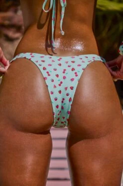 Micro Low Dipped Cheeky Bottom In Mint Fruit Print -Swimming Gear Shop NS0324 NS0325 6 Mint Fruit Print Micro Scoop Bandeau Top Micro Low Dipped Cheeky Bottoms