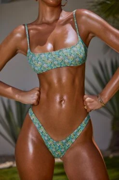 Micro Scoop Bandeau Top In Turquoise Floral Print -Swimming Gear Shop NS0324 NS0325 6 Turquoise Floral Print Micro Scoop Bandeau Top Micro Low Dipped Cheeky Bottom