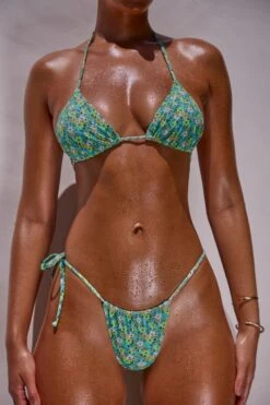 Ruched Tie Side Bottom In Turquoise Floral Print -Swimming Gear Shop NS0328 NS0330 9 Turquoise Floral Print Triangle Bikini Top Ruched Side Tie Cheeky Bottoms