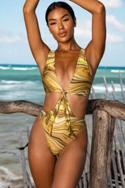 Plunge Neck Cut Out Swimsuit In Olive Print -Swimming Gear Shop gg0002 1 cenote olive print tie front open back swimsuit