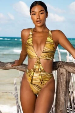 Plunge Neck Cut Out Swimsuit In Olive Print -Swimming Gear Shop gg0002 3 cenote olive print tie front open back swimsuit