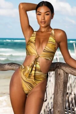 Plunge Neck Cut Out Swimsuit In Olive Print -Swimming Gear Shop gg0002 4 cenote olive print tie front open back swimsuit