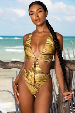 Plunge Neck Cut Out Swimsuit In Olive Print -Swimming Gear Shop gg0002 5 cenote olive print tie front open back swimsuit