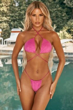 Ruched Thong Bikini Bottoms In Pink -Swimming Gear Shop ns0013 2 arunny pink textured tie detail bikini set 1 1