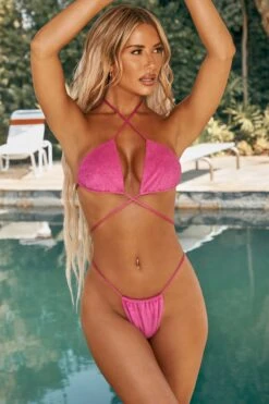 Ruched Thong Bikini Bottoms In Pink -Swimming Gear Shop ns0013 4 arunny pink textured tie detail bikini set 1 1