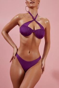 Give Me Fever Ruched Twist Bikini Top In Purple -Swimming Gear Shop ns0042 2 purple twist front halter ruched bikini set 2