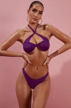 Give Me Fever Ruched Twist Bikini Top In Purple -Swimming Gear Shop ns0042 7 purple twist front halter ruched bikini set