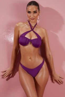 Give Me Fever Ruched Twist Bikini Top In Purple -Swimming Gear Shop ns0042 9 purple twist front halter ruched bikini set